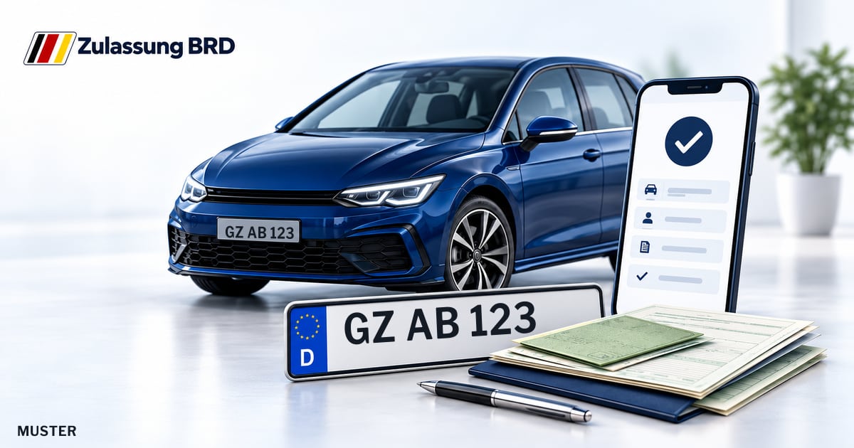 Online Fahrzeugzulassung in Burgau: Musterkennzeichen GZ AB 123, Auto und Fahrzeugpapiere und Smartphone. Illustration mit Logo von Zulassung BRD.